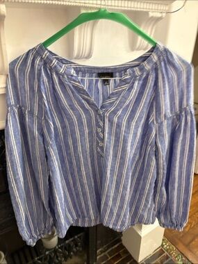Talbots Blue and White Striped Henley Peasant Blouse